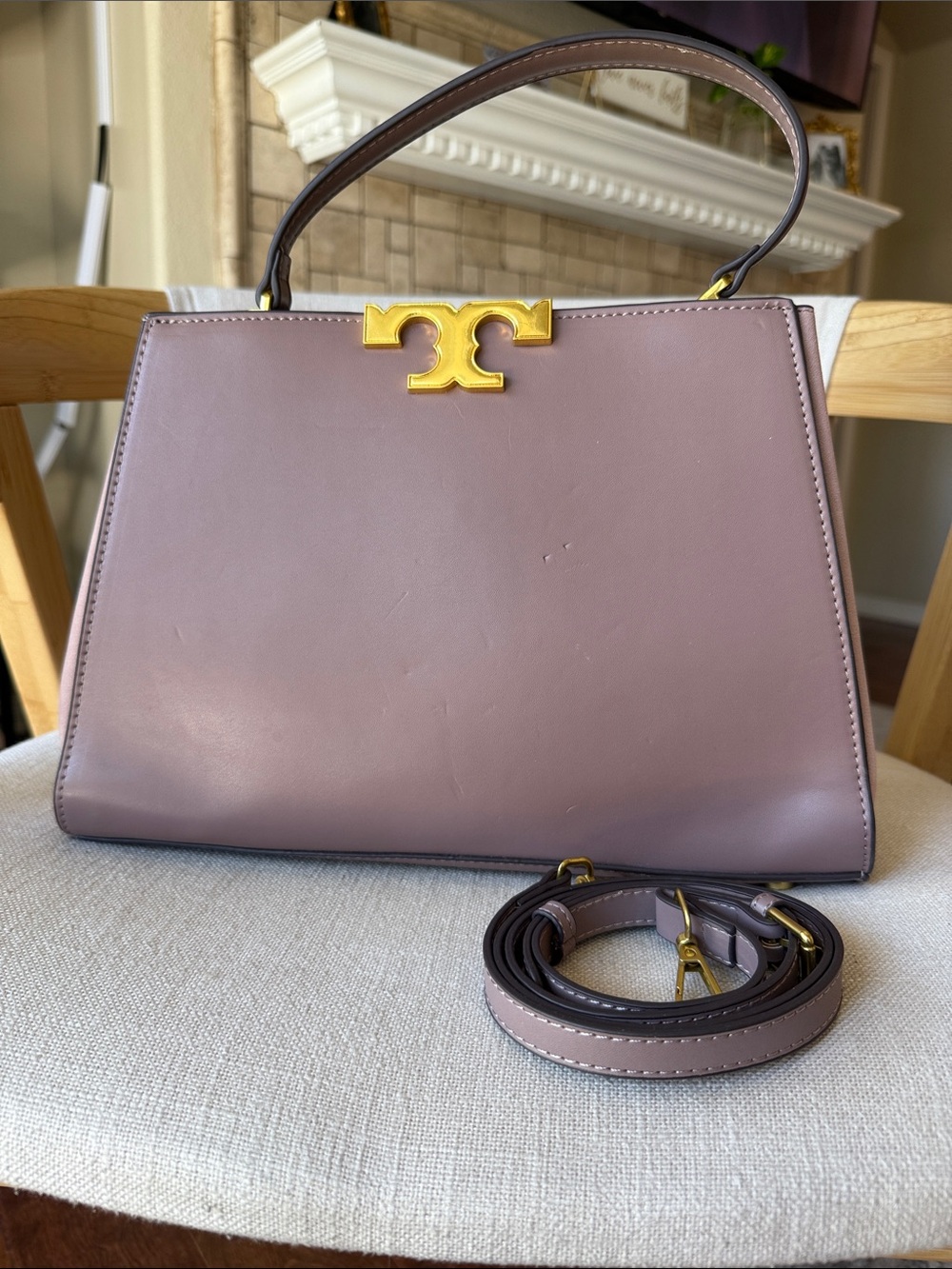 NWOT Tory Burch Eleanor Satchel Leather Suede Handle Bag Mauve Gold Hardware